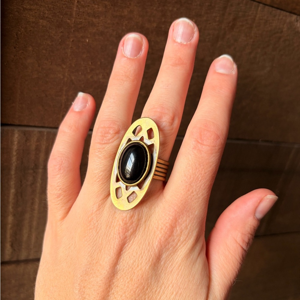 Gold-Tone Oval Ring with Black Stone Accent